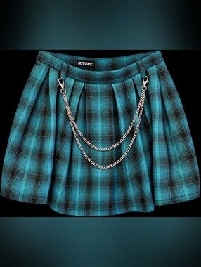 Hot Topic Teal & Black Plaid Pleated Chain Skirt – Large